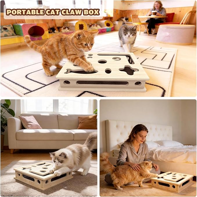 Cat Scratch Puzzle Enrichment Box, Solid Wood Construction Cat Nail File Enrichment Box with Sandpaper Inside, Cat Nail File Box Stress Free Alternative to Clippers and Grinders(No Bell Ball)