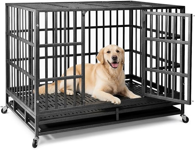 42 Inch Heavy Duty Indestructible Dog Crate, XL Steel Escape-Proof Kennel for Large Dogs, Double Door Design with 4 Locking Wheels & Reinforced Baseplate, Ideal for High-Anxiety Dogs