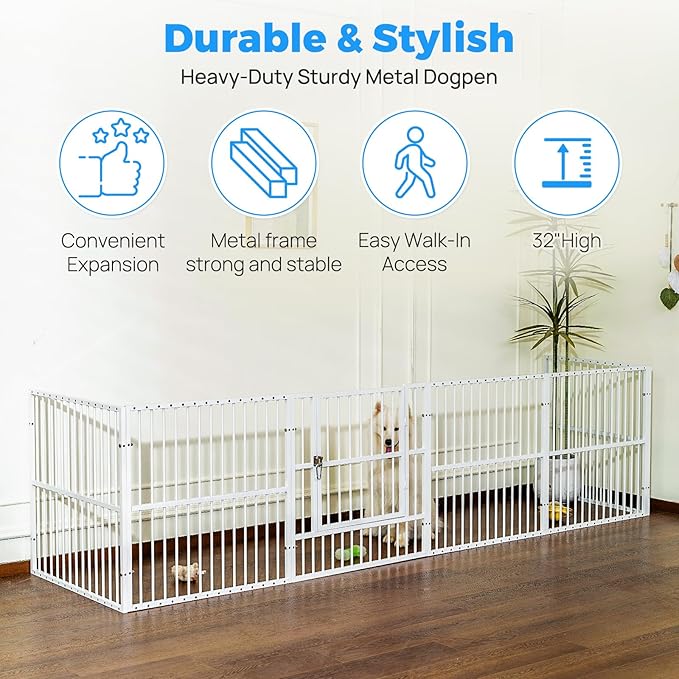 Dog Playpen - 32" Height Dog Pen, Heavy Duty Puppy Pen with Door, Safe & Sturdy, Easy Assemble for Indoor/Outdoor Pet Playpen (10 Panels with Door, White)