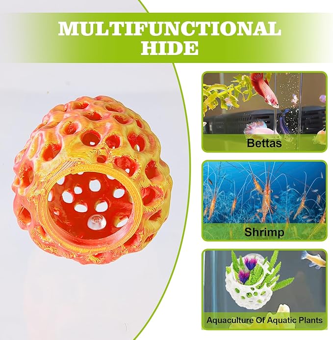 Shrimp Dome Hide, Shrimp Hides for Aquarium, Betta Fish Hideout with Suction Cup, Betta Habitat Tank Ornament Accessories, Aquarium Decor for Small Fish Guppy Hiding Resting (Gold Red)