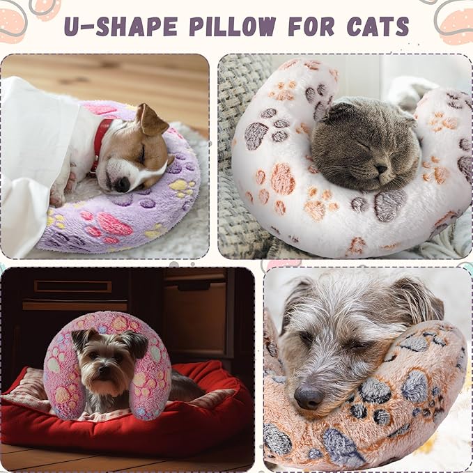 Sweetude 4 Pcs Pillows for Cats Puppy Bed Fluffy Pet Calming Soft Gifts Half Donut U Shaped Pet Neck Pillow Training Joint Relief Cervical Protection(Paw,Large)