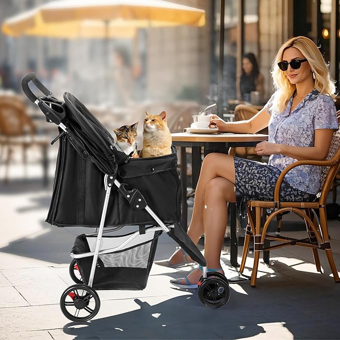 DUMOS 3 Wheels Pet Stroller for Small Dogs and Cats – Foldable Dog Stroller with Mesh Windows, Storage Basket & Cup Holder, Lightweight & Durable Pet Carrier for Travel, Outdoor Use – Black