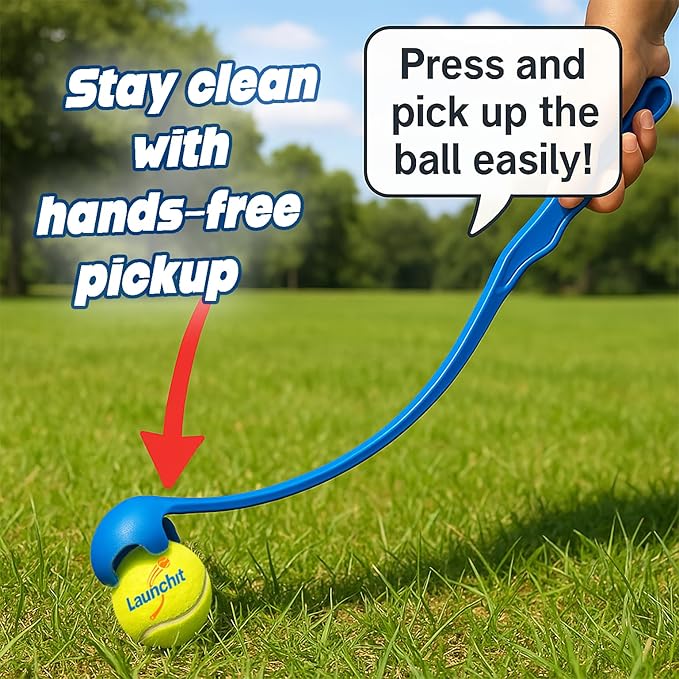 Dog Ball Launcher, Tennis Ball Thrower, Compact Design 13.8" Stick with Medium 2.5" Ball (Blue)