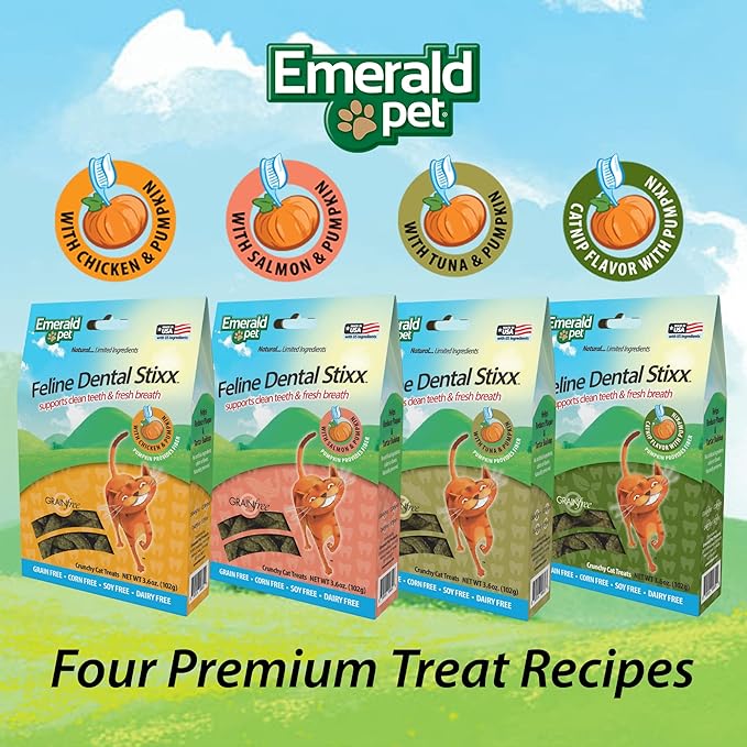 Emerald Pet Feline Dental Stixx — Tasty and Crunchy Cat Sticks with Pumpkin for Digestive Health — Natural Grain Free Dental Treats for Clean Teeth and Fresh Breath — Salmon, 3.6 oz
