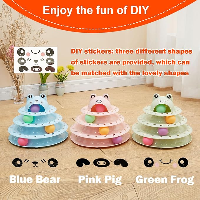 Cat Toys, 4-Level Turntable Ball Track Interactive Cat Toy for Indoor Cats, Self Play Fun Roller with Colorful Rotating Ball Puzzle Exercise Kitten Toys (Pink)