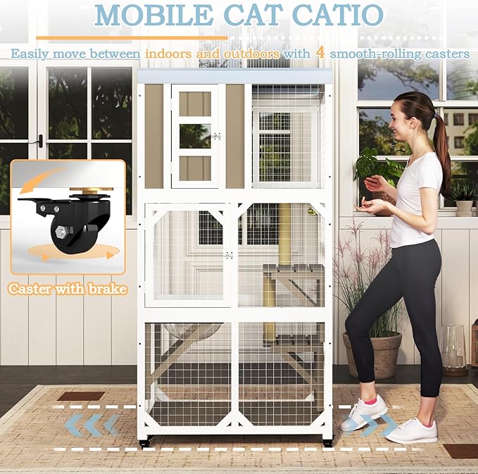 64" Large Wooden Catio Outdoor Cat Enclosure, Window Cat House with Wheels & 3 Platforms, Kitty Cage with Weatherproof Roof for Multiple Cats (Gray)