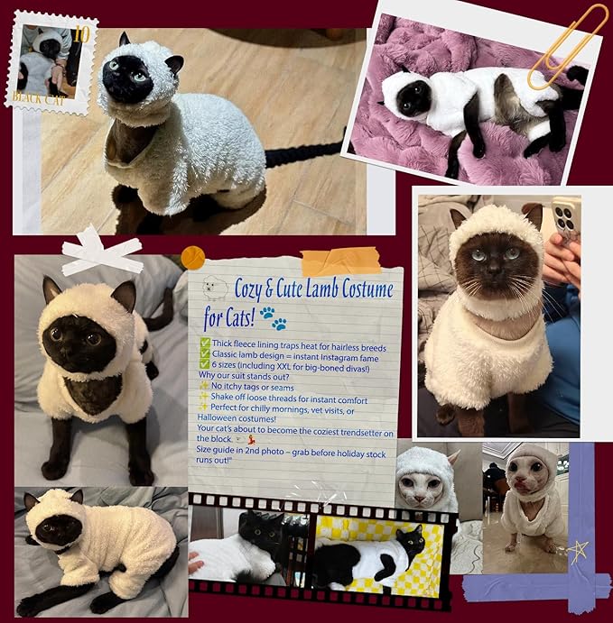 Warm Fleece Lined Winter Clothing for Sphynx & Devon Rex Cats | Soft Faux Lamb Wool | Cozy and Comfortable (Sheep Costume,XXL About 5-5.5kg/11-12.1pounds)