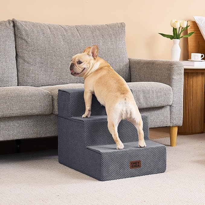 EHEYCIGA Dog Stairs for Small Dogs 16.5" H, 3-Step Extra Wide Dog Steps for Couch Sofa and Chair, Pet Steps for Medium Cats, Non-Slip Balanced Pet Ramp Indoor, Grey