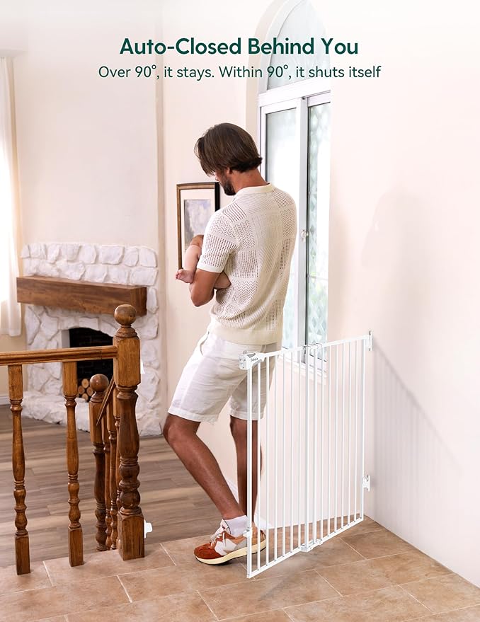 Babelio Baby Gate for Stairs, Kitchen & Doorways, No Bottom Bar| Easy Installation| One-Handed Operation| Auto-Close| Hardware Mount (Drill Needed) Safety Dog Gate (White - 2 Pcs, 26-43" W, 28" H)