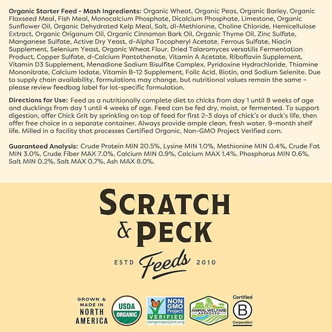 Scratch and Peck Feeds Whole Grain Starter Mash Chicken and Duck Feed - Corn-Free and Soy-Free - 20.5% Protein, Certified Organic and Non-GMO Project Verified Chicken Food - 50 lbs Bag