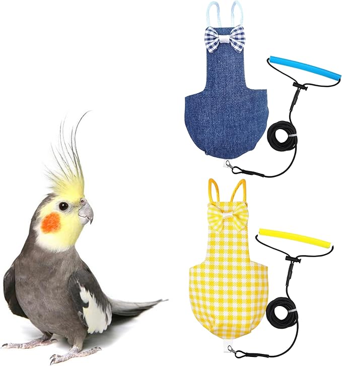 VANFAVORI Bird Diaper Harness Flight Suit Clothes with 80 Inch Flying Leash Rope for Parrots Conure Cockatiel Pet Birds Weight 75-99 Grams，2 Pieces Including Two leashes and Two Cotton Pads