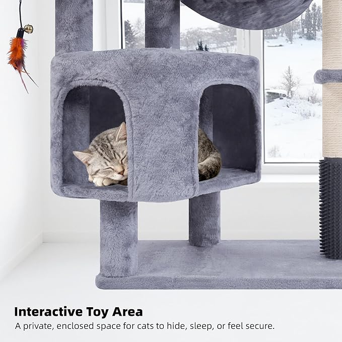 Cat Tree with Cat Condo and Hammock for Indoor Cats, Cat Tree with Self-Grooming Brush and Toy Balls,Cat Tower with Scratching Posts,Grey