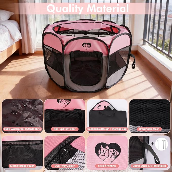 Dog Cat Playpen，Pet Cage - Indoor Outdoor, Portable Foldable Pop Up, Removable Zipper Top，Fits Dogs, Cats, Rabbits (Pink,M)
