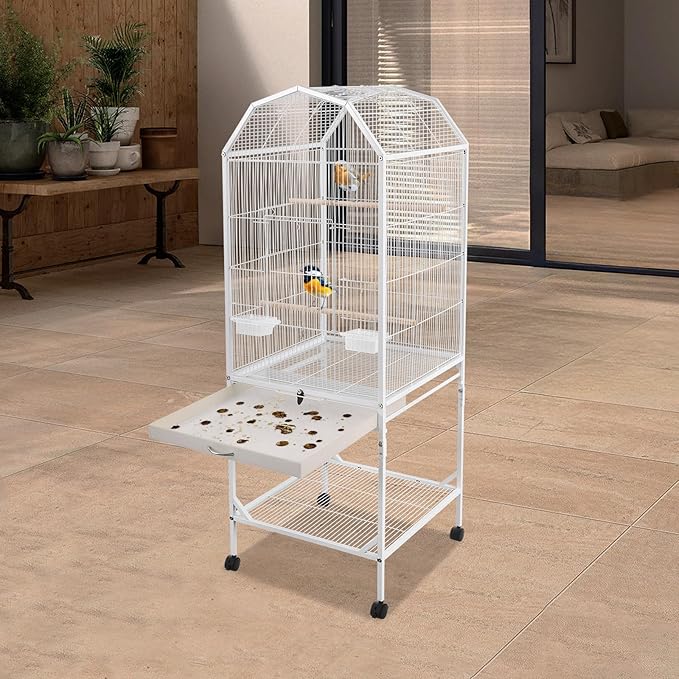 54 Inch 2-Tier Big Bird Cage with Food & Water Bowls Parakeet Bird Cage with Stand, Wheels Metal Birdcage Parrot Cage for Parakeet, Lovebirds, Ringneck, Cockatiels (White, 2 Tier-Open Top)