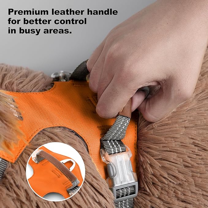 No Pull Dog Harness – Adjustable Reflective Nylon Vest for Small Medium Large Dogs, Escape Proof Training Harness with Leather Control Handle, Lightweight Aluminum Hardware (Orange, S)