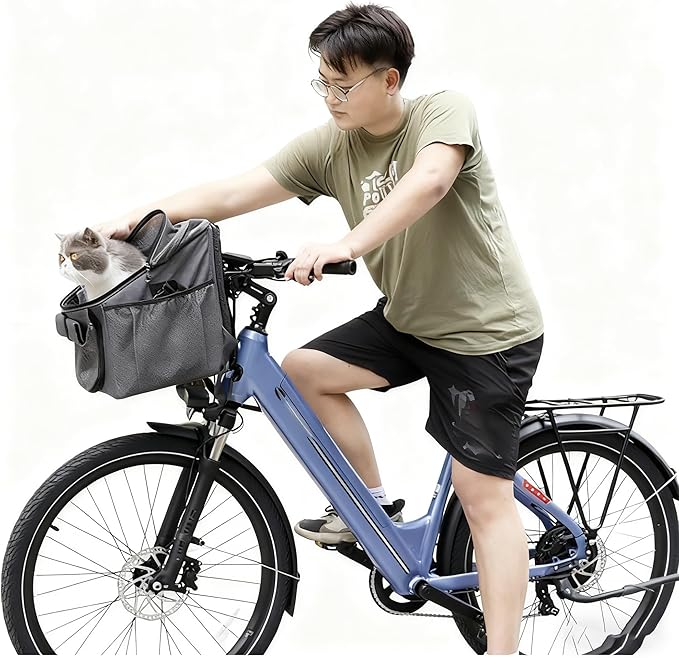 Dog Bicycle Basket Front – Pet Bike Carrier Seat with Washable Cushion, Reinforced Mount, Anti-Shake Straps, Fits Most Handlebars