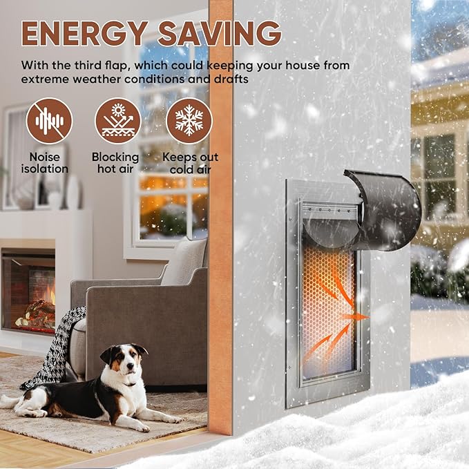 3-Flaps Insulated Dog Door for Wall, Rust Proof Aluminum Alloy Medium Doggy Door, Heavy Duty Pet Door with Dual Lock, Extreme Weather Doggie Door for Interior Exterior Wall, Pets Up to 45LB