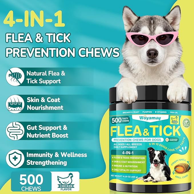 Cat & Dog Flea and Tick Prevention Bundle, 500 Crunchy Dual-Texture Chews Each, Natural 4-in-1 Flea Defense with Skin, Coat, Gut & Immune Support, Oral Daily Flea Treatment for Cats & Dogs
