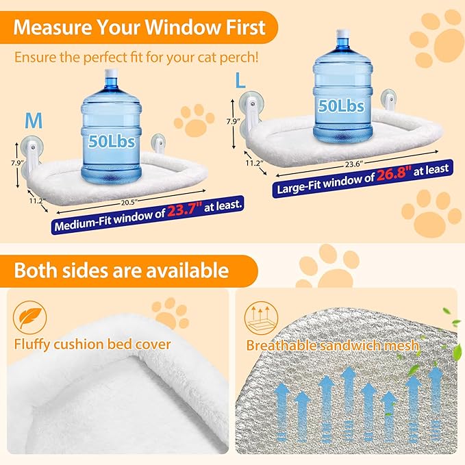 L&W BROS. Cat Window Perch Cushion Bed Cat Hammock with 4 Updated Suction Cups Easy to Assemble Window Bed for Heavy Large Cats (L 1Pc)
