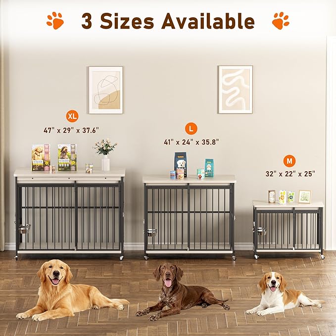 Dog Crate Furniture, 41’’ Wooden Dog Kennel Indoor with Sliding Front Door, Multi-Side Openings & Feeding Window Pet Cage House as TV Stand, End Table(Beige)
