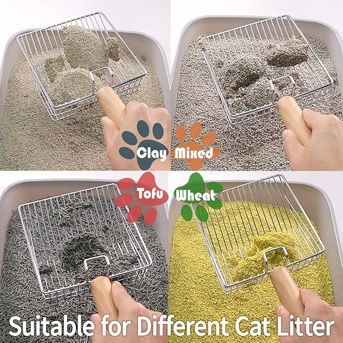 UFECODO Fast Sifting Cat Litter Scoop with Holder Stand, 2 Widths of Slots Stainless Steel Poop Scooper with Ergonomic Wood Handle, Heavy Duty and Easy Clean