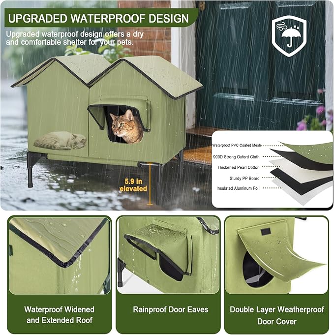 Large Heated Cat House for Outside in Winter, Elevated Waterproof Cat House for Outdoor Cats with Heating Pad, Insulated Heated Outdoor Cat House Weatherproof for Stray Cats Small Dogs (Green)