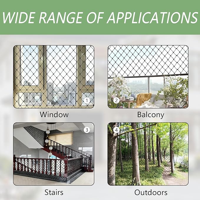 Cat Balcony Netting, Large Cat Net Pet Anti-Fall Safety Netting,Tear-Resistant, Thickened Nylon Dogs Cats Climbing Net, Pet Mesh Fence for Balcony, Stair, Window, Outdoors (10x13.2ft)