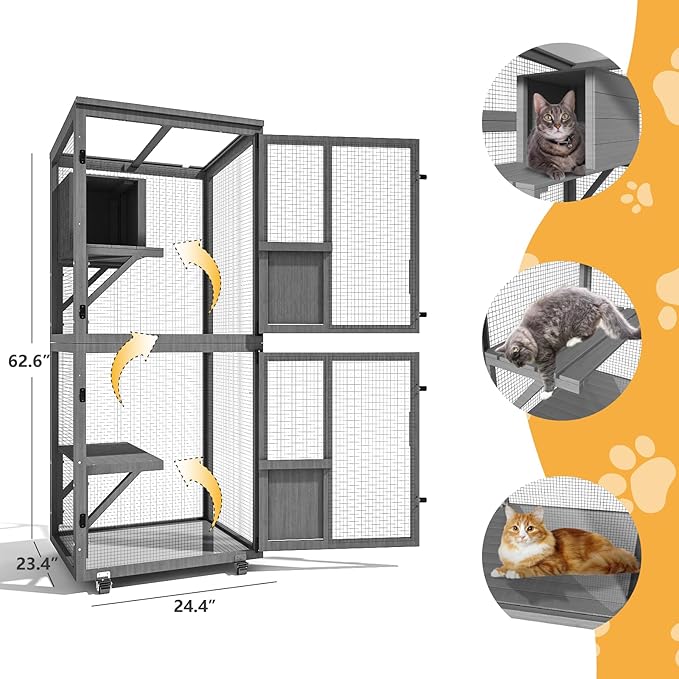 4 Tiers Catio Outdoor Cat Enclosure, Indoor Cat House with 4 Wheels, Cat Enclosure Window Access with Removable Floor, Upgraded Resting Box, Waterproof Roof, Wooden Indoor Pet Cage, Grey
