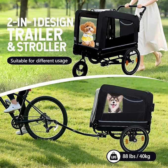 Extra Large 2-in-1 Bike Trailer & Push Cart for Pets - Detachable Bike Hitch & Push Handle Included - All-Terrain Wheels, Quick Release Wheel, Non-Slip Floor, Internal Leash, Holds Up to 88 lbs