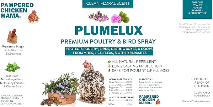 PlumeLux Herbal Poultry & Bird Feather Spray to Prevent & Repel Mites by Pampered Chicken Mama | for Chickens, Ducks, Parrots, Parakeets, Budgies, & Other Birds (32, Ounces)