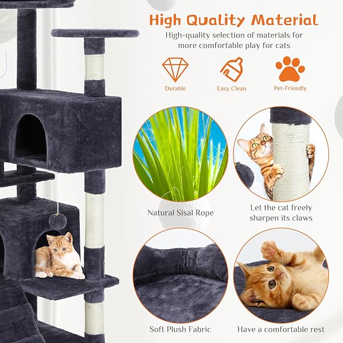Sweetcrispy 54 Inch Cat Tree Tower, Multi-Level Tower with Cat Scratching Post, Indoor Cat Condo with Climbing Ladder, Plush Toy, Play House for Cat, Dark Grey