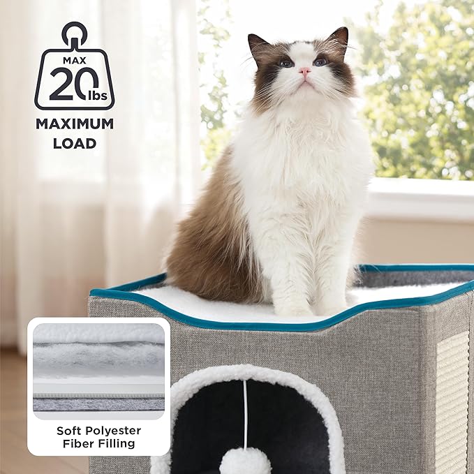 Bedsure Cat Beds for Indoor Cats - Large Cat Cave for Pet Cat House with Fluffy Ball Hanging and Scratch Pad, Foldable Cat Hideaway, 16.5x16.5x13 inches, Brown