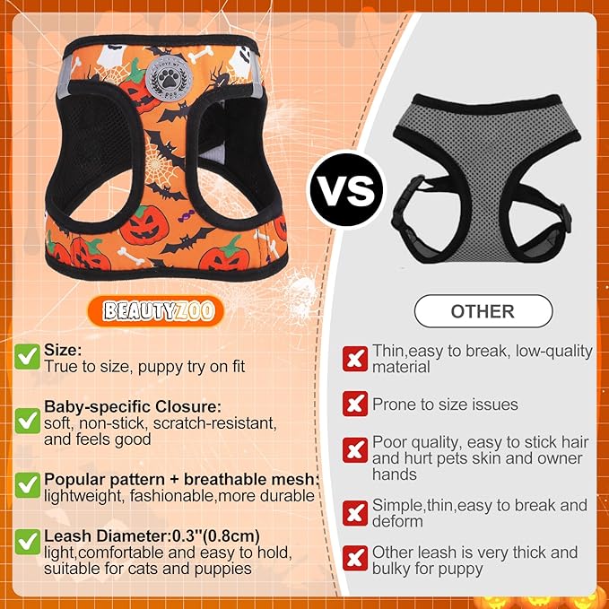 BEAUTYZOO Step in Dog Harness and Leash Set,Floral Pattern Reflective Dog Harness No Pull No Choke Puppy Harness for Small Dogs Cats,Soft Padded Mesh Vest Harnesses for Girl and Boy Pets,Halloween S