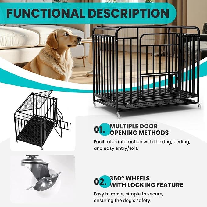 43.3×29.5×35.4 in Heavy Duty Dog Crate, Alloy Steel Material Dog Kennel, with 3 Doors 4 Lockable Wheels 1 Removable Trays, Dog Cage Kennel for Small to Medium Dogs (43 in)