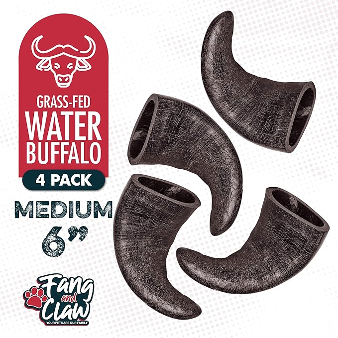 Water Buffalo Horn Dog Chew 4 Pack (Medium 6 Inch), Long-Lasting Natural Chews for Aggressive Chewers, Single-Ingredient, No Rawhide