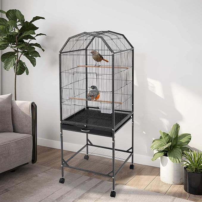 Bird Cage with Wheels, Open Top Breeding Cage Wrought Iron Flight Cage with Rolling Stand, Removable Tray & Feeding Bowls for Parrots, Canaries, Lovebirds Finches, 18" L x 18" W x 54" H