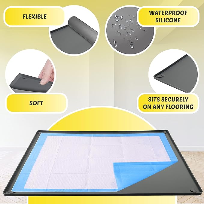 TidyFriend Puppy Pad Holder Tray Fits for 28” x 30” Pee Pads with Corner Lock Holes, Raised Edges, Non-Spill, Easy to Clean Silicone Puppy Potty Tray Holder, for Indoor Floor Protection (Grey)