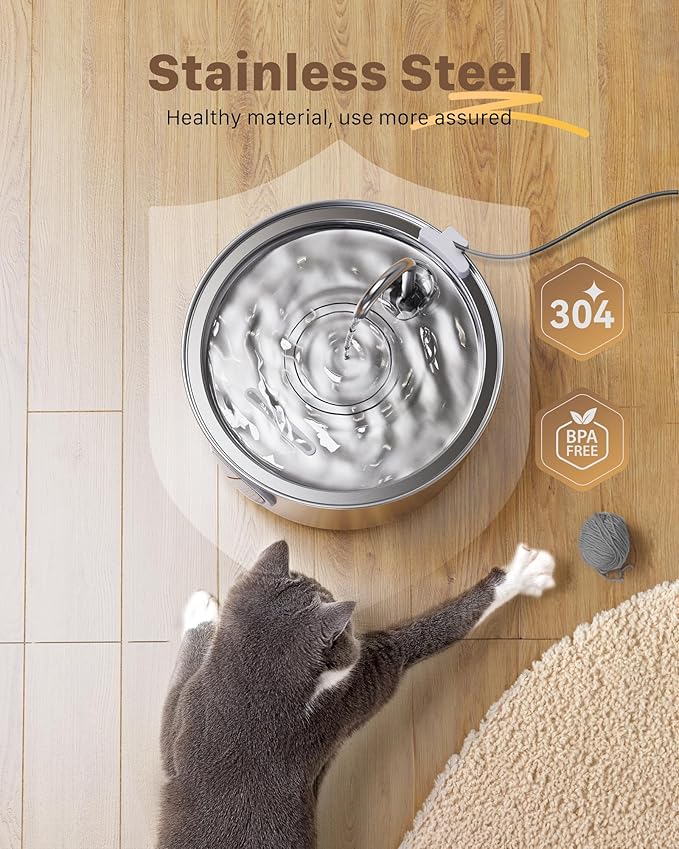 Stainless Steel Cat Fountain - 108oz/3.2L Pet Fountain for Cats Indoor - Quiet - Contains 8 Filters + 8 Sponges