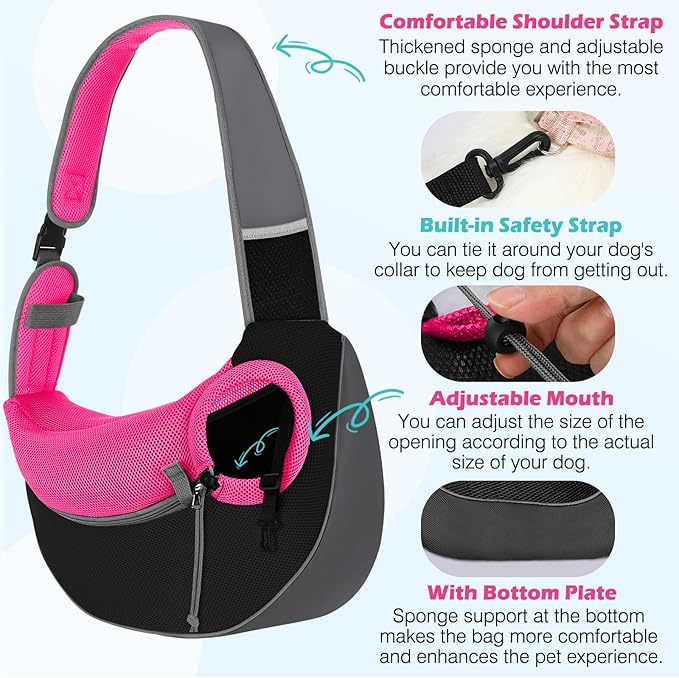 Pawaboo Dog Sling Carrier, Hand Free Breathable Mesh Bag for Puppy Cat, Drawstring Dog Papoose with Adjustable Strap and Pocket, Crossbody Satchel Dogs Purse for Outdoor Travel, L, Magenta