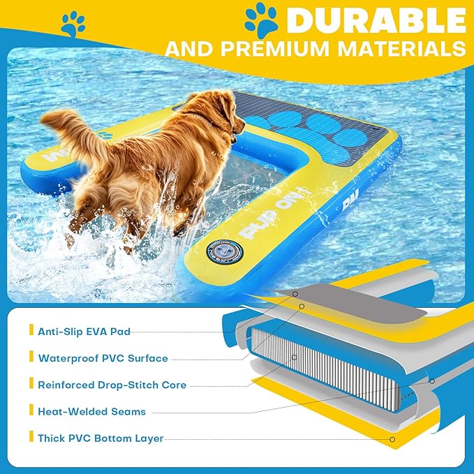 Beyond Marina Dog Pool Ramp - PUP ON! Inflatable Dog Water & Boat Ramp for Lake & Dock, Floating Pontoon Dock Ladder with Non-Slip EVA Platform, Extra Large 5 ft x 4 ft, Blue/Yellow, Supports 230 lbs