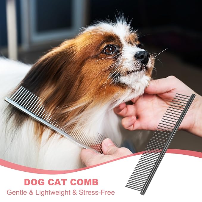 Dog Cat Comb, Pet Combs Stainless Steel Teeth with Rounded Ends for Knots Mats Loose Hair Removal, 6.5IN (Black Plated, 3 Pack), Grooming Tool Intended for Long Curly Hair Pet