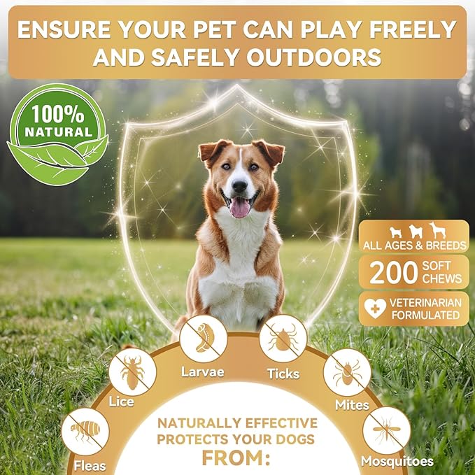 Flea and Tick Prevention Chews for Dog&Cats, Flea and Tick Prevention for Dogs, Flea and Tick Prevention for Cats, 200 Soft Chews, Chicken Flavor, Natural Flea and Tick Treatment