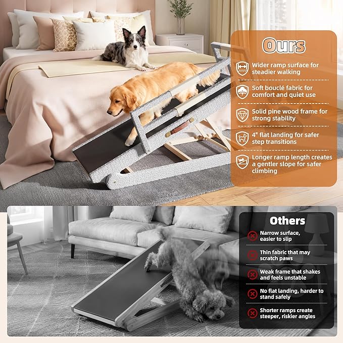 Dog Ramp for High Bed – 63" Super-Long Wooden Ramp with Soft Plush Fabric Cover & Safety Rails 18”–32”Adjustable Heights for Tall Beds, Non-Slip Wide 17.7" Platform – Ideal for Large & Senior Dogs