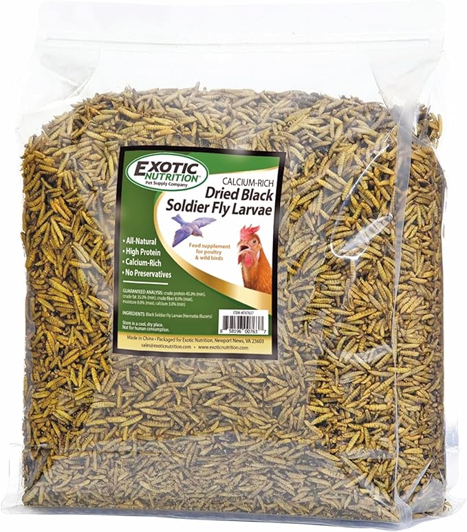 Exotic Nutrition 60 LB Bulk Dried Black Soldier Fly Larvae - High-Calcium Insect Treat - Chickens, Wild Birds, Bluebirds