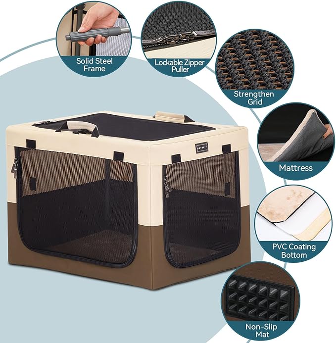 PETSFIT Portable Dog Crate for Small Dogs, – 24" Soft Dog Travel Crates with Lockable Zippers & Thicken Mat, Adjustable Patented Spiral Steel Frame, Collapsible Kennel for Indoor & Outdoor