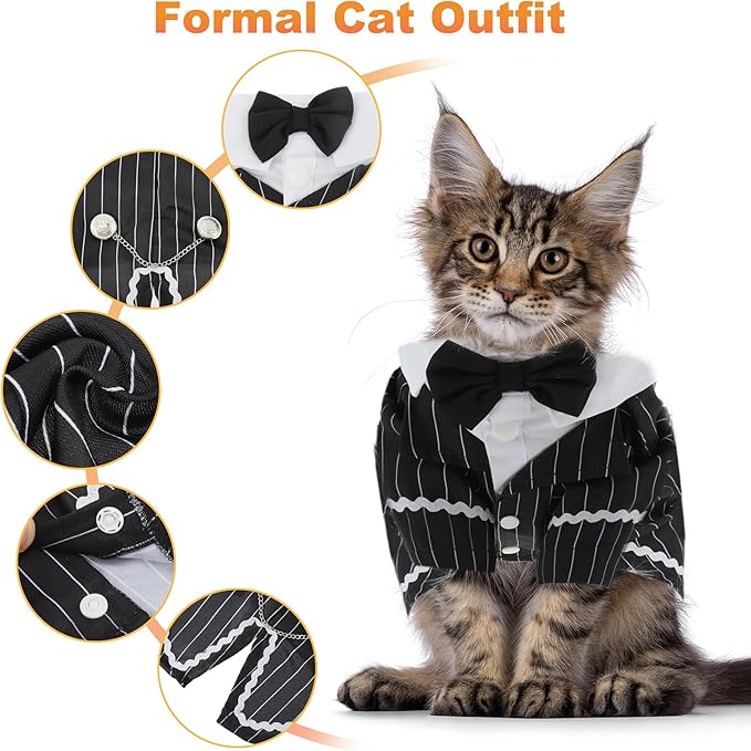 Cat Apparel, Stylish Tuxedo Outfit for Kitty with Tie, Black Stripes Pet Outfits for Wedding, Birthday, Party, Large