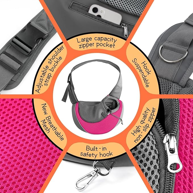 YUDODO Pet Sling Carrier for 2-5 lbs Small Dogs & Cats – Hands-Free Puppy Carrier with Safety Hook, Large Zipper Pocket, Soft Breathable Mesh, Adjustable Strap & Reflective Strip (Pink 1.0 S)