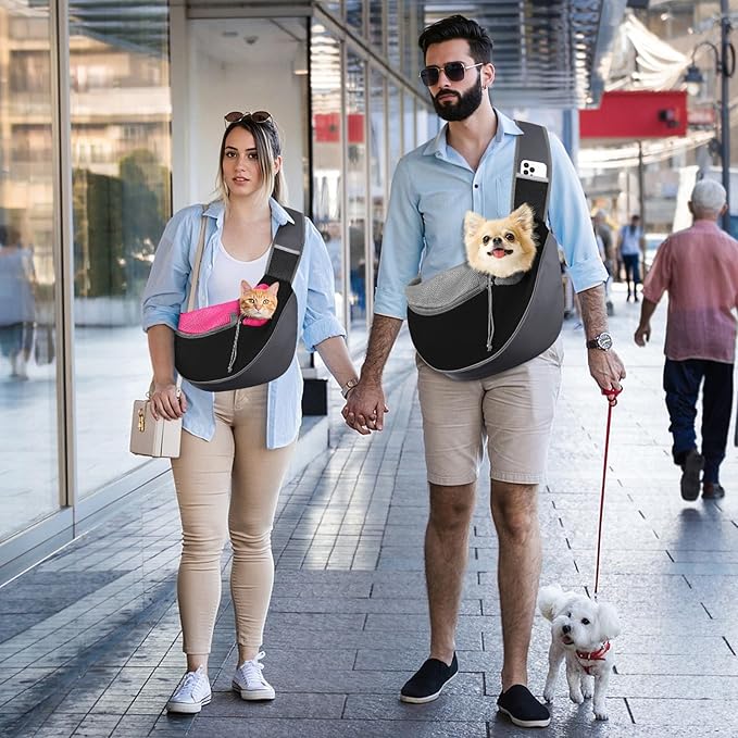Pawaboo Dog Sling Carrier, Hand Free Breathable Mesh Bag for Puppy Cat, Drawstring Dog Papoose with Adjustable Strap and Pocket, Crossbody Satchel Dogs Purse for Outdoor Travel, L, Magenta