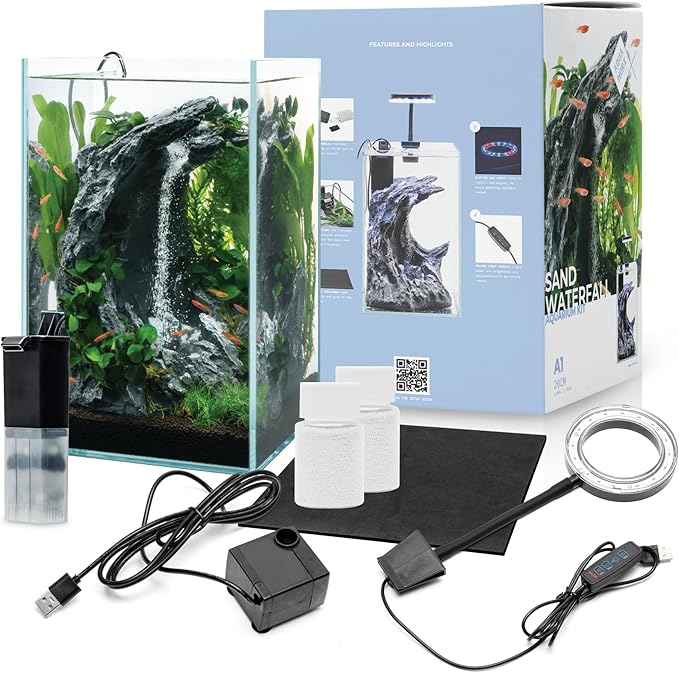 Sand Waterfall Tank Kit - Silent Operation Falling Sand Fish Tank w/LED Light and Self Cleaning Filtration - Desktop Rimless Starter Aquarium Kit, Just Add Plants - 3.38GAL | 12.8L (A1)