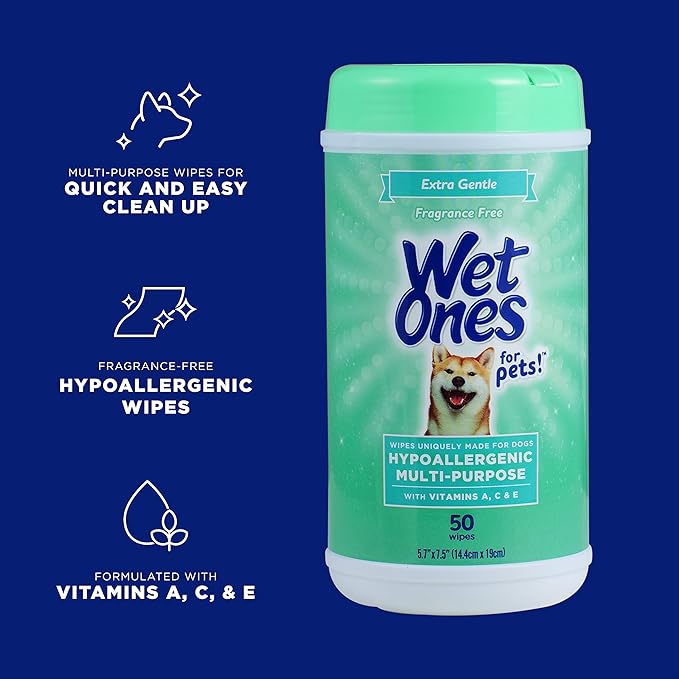 Wet Ones for Pets Hypoallergenic Multipurpose Dog Wipes with Vitamins A, C & E - No Fragrance Pet Wipes for Dogs in Canister, 50 Count